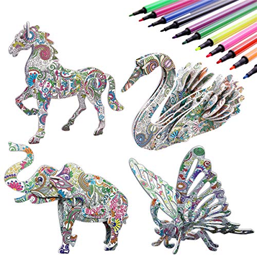 3D Coloring Puzzle Set,4 Animals Puzzles with 12 Pen Markers, Art Coloring Painting 3D Puzzle for Kids Age 7 8 9 10 11 12. Fun Creative DIY Toys Gift for Girls and Boy (Toy, 4PACK)