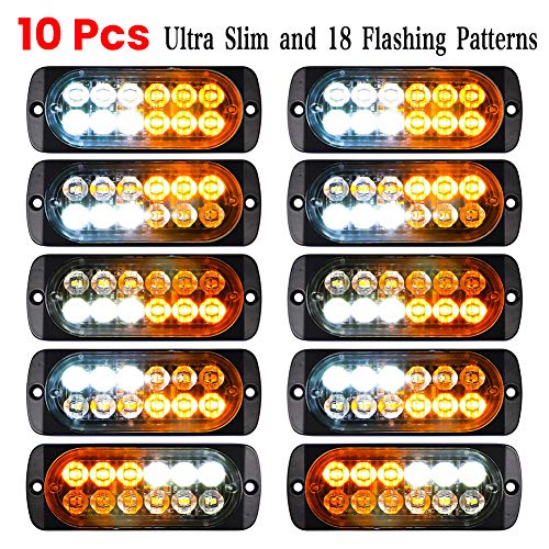 Luixxuer 10pcs Emergency Strobe Lamps 12-LED Surface Mount Flashing Lights for Truck Car Vehicle Waterproof LED Emergency Beacon Hazard Warning light 12V-24V Universal Car Accessories(Amber/White)