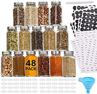 Aozita 48 Pcs Glass Spice Jars/Bottles - 4oz Empty Square Spice Containers with 810 Spice Labels - Shaker Lids and Airtight Metal Caps - Silicone Collapsible Funnel Included