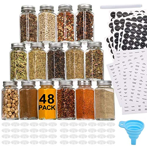 Aozita 48 Pcs Glass Spice Jars/Bottles - 4oz Empty Square Spice Containers with 810 Spice Labels - Shaker Lids and Airtight Metal Caps - Silicone Collapsible Funnel Included