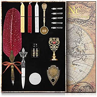 Upgraded NC version Feather Calligraphy Pen and Ink Set ,Quill Pen Set Includes Feather Dip Pen,Ink,5 Replacement Nibs,3 Wax Seal Sticks,Pen Nib Base,Seal Stamp, White Wax,Spoon,Envelope letter paper, Envelope Tool, Romantic Valentine Gift ( RED )