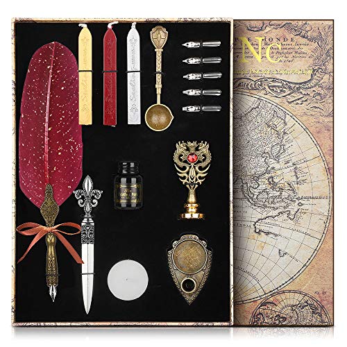 Upgraded NC version Feather Calligraphy Pen and Ink Set ,Quill Pen Set Includes Feather Dip Pen,Ink,5 Replacement Nibs,3 Wax Seal Sticks,Pen Nib Base,Seal Stamp, White Wax,Spoon,Envelope letter paper, Envelope Tool, Romantic Valentine Gift ( RED )