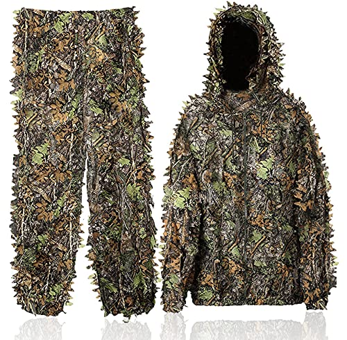 Favuit Ghillie Suit 3D Leafy Lightweight Breathable Outdoor Woodland Hunting Camouflage Clothing Camo Outfit for Jungle Hunting, Military, Wildlife Photography, Halloween (Large)