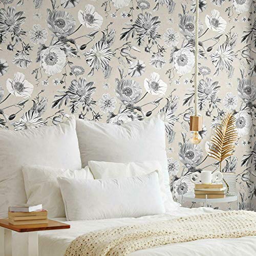 RoomMates RMK11662RL Vintage Poppy Tan and Grey Peel and Stick Wallpaper