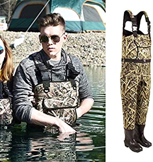 NEYGU 5MM Thickened Neoprene Waterproof and Thermal Fishing Wader with Rubber Boots,Keep You Warm Under -31 ,Green Reed Leaf Style S-6.5