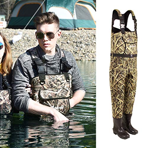 NEYGU 5MM Thickened Neoprene Waterproof and Thermal Fishing Wader with Rubber Boots,Keep You Warm Under -31 ,Green Reed Leaf Style S-6.5