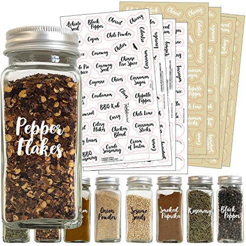 Talented Kitchen 300 Cursive Spice Label Combo  300 Black & White Preprinted Labels: Most Common Spice Names in 2 Letter Colors on Clear Stickers. Waterproof, Spice Jar Labels Spice Rack Organization