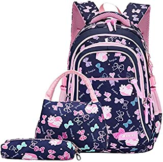 Bansusu 3Pcs Bowknot Cat Prints Elementary Girls School Bookbag Rucksack for Primary Girls School Backpack Set with Lunch Kits