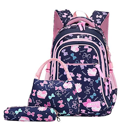 Bansusu 3Pcs Bowknot Cat Prints Elementary Girls School Bookbag Rucksack for Primary Girls School Backpack Set with Lunch Kits