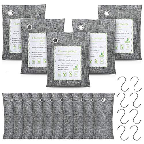 Bamboo Charcoal Air Purifying Bag, Natural Air Purifying Bag, Activated Charcoal Odor Eliminators, Odor Eliminating Charcoal Bags 15-Pack(5x200g, 10x50g) with 8 Hooks by 1Easylife