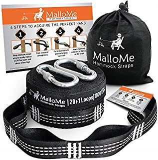 MalloMe XL Hammock Straps - Hammock Tree Straps Set 2000+ LBS Heavy Duty 40 Loops & 100% No Stretch Suspension System Kit - Camping Hammock Accessories | 2 Carabiners | 12 Feet