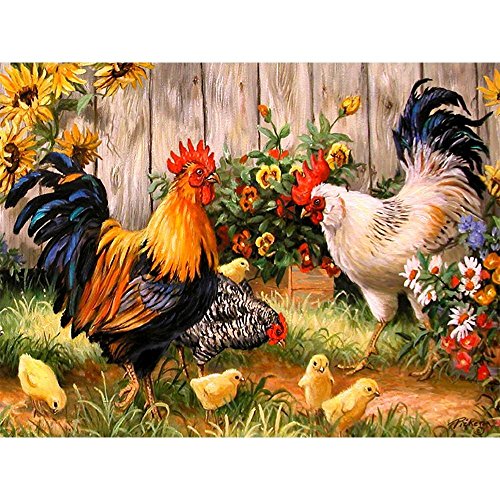 URlighting DIY 5D Diamond Painting Kits for Adults, Full Drill Embroidery Rhinestone Cross Stitch Arts Craft Canvas Rooster Hen Chicken for Home Wall Decoration by Number Kits (18.1 x 14.2 inch)