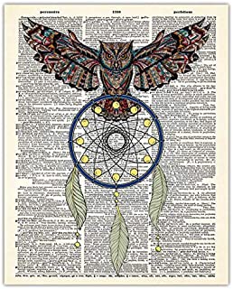 Owl On A Dream Catcher Dictionary Wall Art Print: Unique Room Decor - (8x10) Unframed Picture - Great Gift Idea Under $15