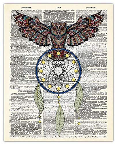 Owl On A Dream Catcher Dictionary Wall Art Print: Unique Room Decor - (8x10) Unframed Picture - Great Gift Idea Under $15