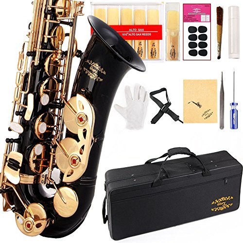 Glory Black/Gold Keys E Flat Professional Alto Saxophone sax with 11reeds,8 Pads cushions,case,carekit-More Colors with Silver or Gold keys