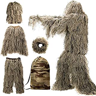 MOPHOTO 5 in 1 Ghillie Suit, 3D Camouflage Hunting Apparel Including Jacket, Pants, Hood, Carry Bag Suitable for Unisex Adults/Kids/Youth (M/L/XL/XXL)