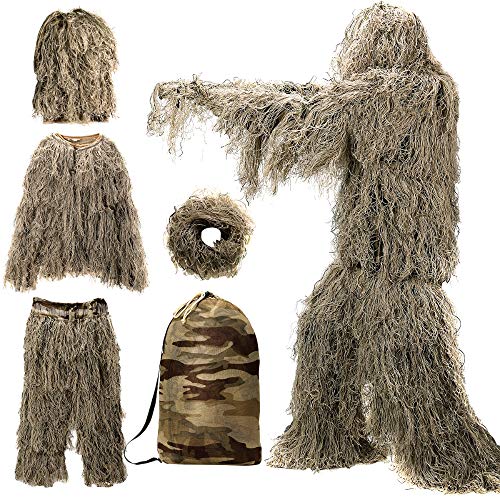 MOPHOTO 5 in 1 Ghillie Suit, 3D Camouflage Hunting Apparel Including Jacket, Pants, Hood, Carry Bag Suitable for Unisex Adults/Kids/Youth (M/L/XL/XXL)