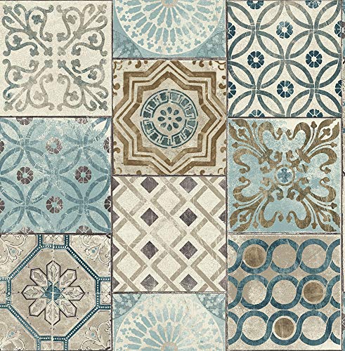 NextWall Moroccan Style Peel and Stick Mosaic Tile Wallpaper. (Blue, Copper & Grey)