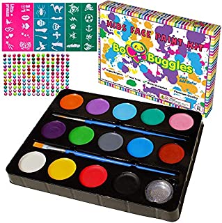 Bo Buggles Face Paint Kit for Kids with 30 Stencils, Professional Quality Paints + Glitter; 2 Brushes, Kid-Safe, Non-Toxic Face Painting Palette