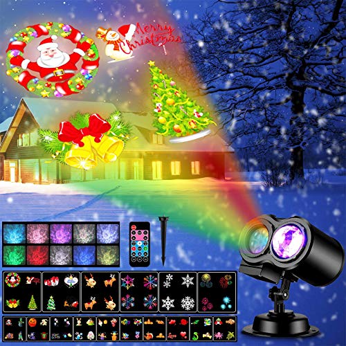 Christmas Projector Lights, Remote Control 2-in-1 Moving Patterns with Ocean Wave LED Landscape Lights Waterproof Outdoor Indoor Xmas Theme Party Yard Garden Decorations 16 Slides 10 Color