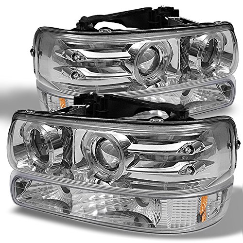 For 99-02 Chevy Silverado 00-06 Suburban Tahoe Z71 SUV Chrome LED Halo Projector Headlights+Chrome Bumper Signal Lamps