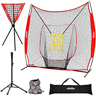 Zupapa Baseball Softball Practice Combo - 7X 7 Feet Net Tee Caddy 12 Pack Baseballs Set, Upgraded Vivid Strike Zone, Baseball Backstop Practice Net for Hitting Pitching Batting Catching