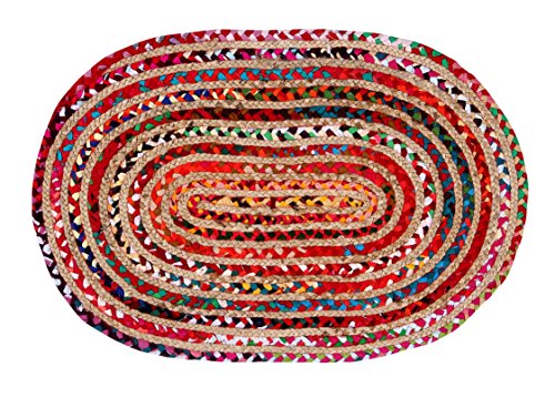 Jute Multi Chindi Oval Braided Rug, Tightly Braided Chindi and Jute Rug, Reversible,Durable,Sustainable Rug Pad, Shag Rugs for Bedroom, Floor Rug, Bedroom Rugs, Jute Kitchen Rug-24x36 inch Multi Color