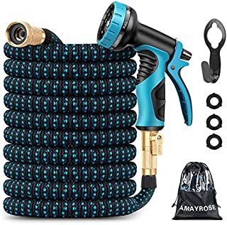 Amayrose Garden Hose Expandable Water Hose with 9 Function Spray Nozzle, Leakproof Expanding Flexible Outdoor Yard Hose with Solid Brass Fittings, Extra Strength 3750D Durable Car Wash Hose Pipe(25ft)