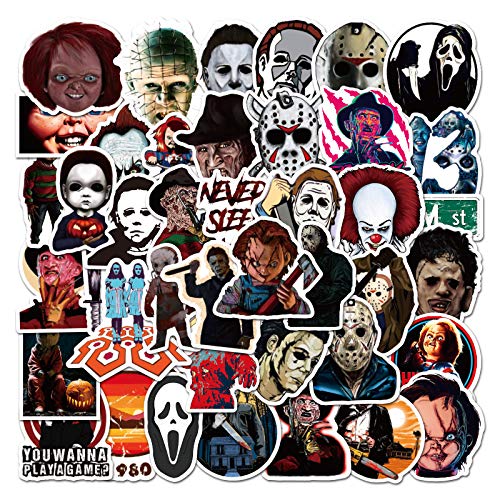 50pcs USA Classic Horror Movie Characters Stickers for Water Bottle Laptop Skateboard Computer Phone Halloween Thriller Terror TV Character Vinyl Waterproof Stickers Decal for Teens Adults Boys Kids