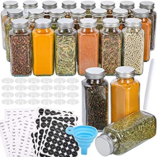 Aozita 24 Pcs Glass Spice Jars with Spice Labels - 8oz Empty Square Spice Bottles - Shaker Lids and Airtight Metal Caps - Chalk Marker and Silicone Collapsible Funnel Included