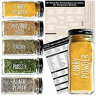 Spice Jar Labels Preprinted - White ALL CAPS on Clear Stickers - Fit Round or Rectangle Spice Jars - Herb Seasoning Kitchen Labels Pantry Organization - Waterproof Spice Labels Stickers