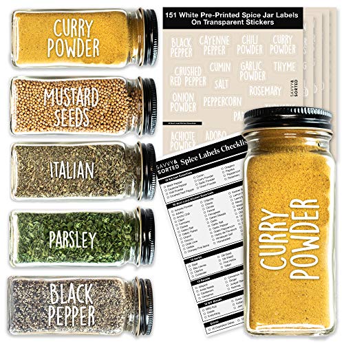 Spice Jar Labels Preprinted - White ALL CAPS on Clear Stickers - Fit Round or Rectangle Spice Jars - Herb Seasoning Kitchen Labels Pantry Organization - Waterproof Spice Labels Stickers