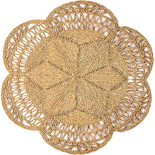 Circle Rug of Rattan Rug | Natural Rug Round 4 Ft, Round Jute Rug, Wicker Rug, Round Boho Rug, Woven Rug, Boho Rugs for Bedroom, Outdoor Round Rug, Rattan Wall Decor | Round Rugs 4ft, Flower Rug