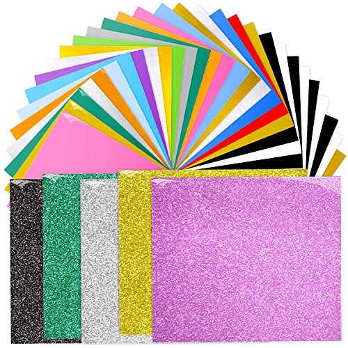 Heat Transfer Vinyl, Ohuhu 36 Pack Sheets Iron on Vinyl, Include 20 Assorted Colors + 5 Glitter Colors HTV Vinyls for DIY Iron on Fabrics T-Shirts Hats with Heat Press Craft Cutter Valentine's Day