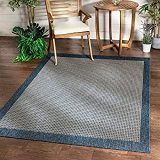 Well Woven Woden Blue Indoor/Outdoor Flat Weave Pile Solid Color Border Pattern Area Rug 8x10 (7'10