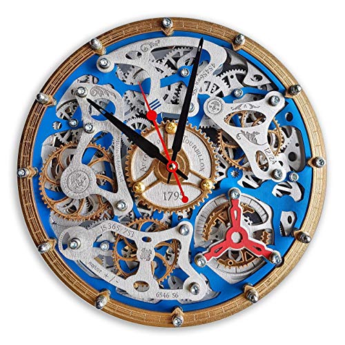 Automaton Tourbillon Blue Custom made Wall Clock, Handcrafted Steampunk Decor, Mechanical moving Gears, Wooden Home Kitchen Living Room and Office design, Personalized Decorative Art, Gift