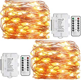 Koopower 2 Pack Outdoor String Lights 16ft 50 LEDs Battery Operated Fairy Lights 8 Mode Waterproof Copper Wire Lights for Bedroom, Garden, Easter, Xmax Decoration Warm White (Remote and Timer)