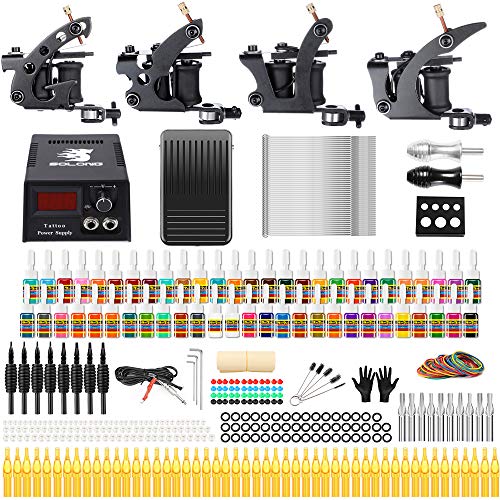 Solong Tattoo Complete Tattoo Kit 4 Pro Machine Guns 54 Inks Power Supply Foot Pedal Needles Grips Tips TK457