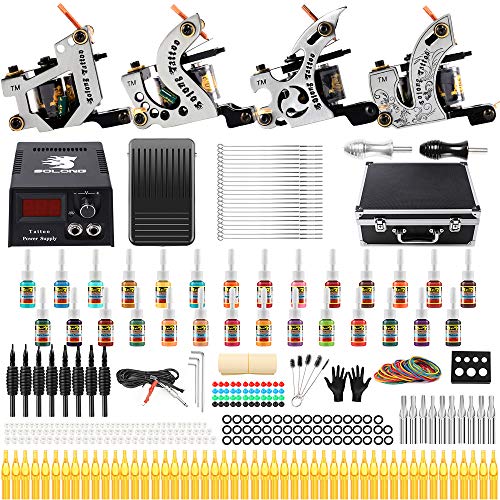 Solong Tattoo Complete Starter Beginner Tattoo Kit 4 Pro Machine Guns 28 Inks Power Supply Foot Pedal Needles Grips Tips TK459