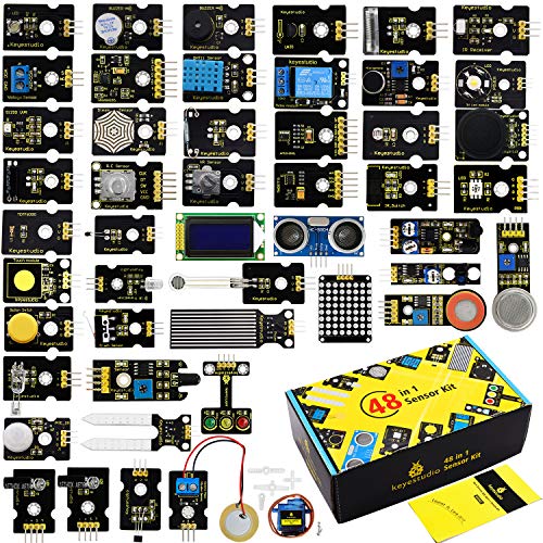 KEYESTUDIO 48 Sensors Modules Starter Kit for Arduino with LCD, 5v Relay, IR Receiver, LED Modules, Servo Motor, PIR, Pressure Sensor, Gas Sensor, etc.Programming for Beginners Adults Learning