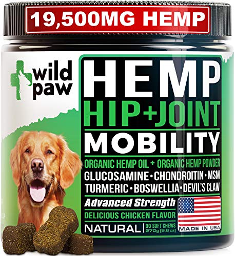 WILDPAW Organic Hemp Treats with Glucosamine for Dogs - Hip & Joint Support Supplement with Turmeric, Chondroitin, MSM, Hemp Oil + Powder - Soft Dog Chews for Pain Relief & Improved Mobility - Natural