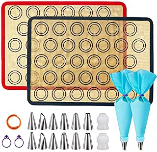 Silicone Baking Mats, JSDOIN of 2 Half Sheet Silicone Baking Mats, 12 Piping Tip, 2 Piping Bag and 2 Bag Tie - Reusable Nonstick Liners for Food Safe Baking Mat Kit(16