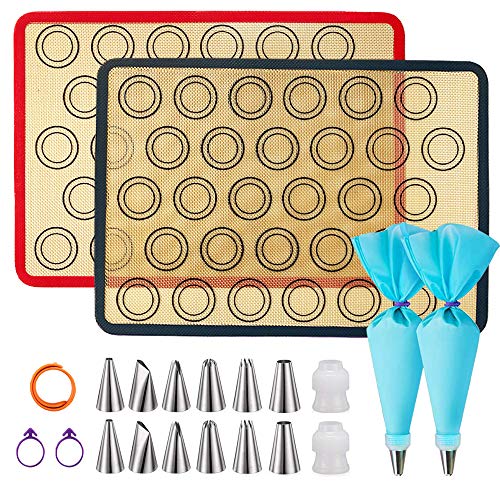 Silicone Baking Mats, JSDOIN of 2 Half Sheet Silicone Baking Mats, 12 Piping Tip, 2 Piping Bag and 2 Bag Tie - Reusable Nonstick Liners for Food Safe Baking Mat Kit(16