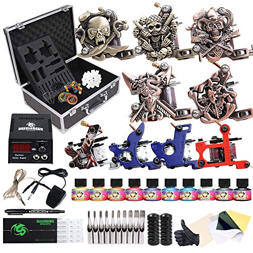 Dragonhawk Complete Tattoo Kit with Case, Beginner Traditional Coils Tattoo Machines, Power Supply Immortal Tattoo Inks,Tattoo Needles Foot Pedal Grips Tips