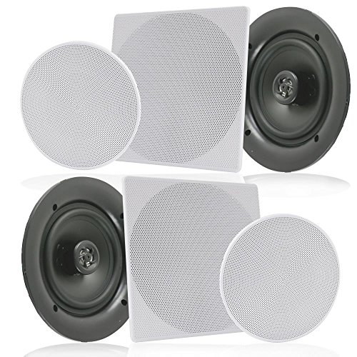 Pyle Pair 6.5 Flush Mount In-wall In-ceiling 2-Way Speaker System Spring Loaded Quick Connections Changeable Round/Square Grill Stereo Sound Polypropylene Cone Polymer Tweeter 200 Watts (PDIC1666)