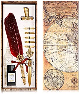 CALIYO Antique red-Color Feather Pen Calligraphy Writing Quill Pen Dip Penwith Open Envelope Tool Envelope Writing Paper Calligraphy Pen Pen Holder Ink SetIt's a Delicate, Decent and high-end Gift.