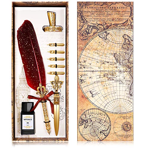 CALIYO Antique red-Color Feather Pen Calligraphy Writing Quill Pen Dip Penwith Open Envelope Tool Envelope Writing Paper Calligraphy Pen Pen Holder Ink SetIt's a Delicate, Decent and high-end Gift.