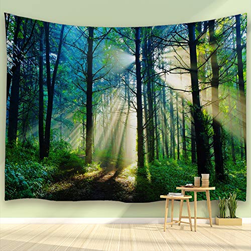 ALFALFA Sunshine Forest Tapestry Morning Green Trees Woodland Grasses Natural Landscape Wall Hanging for Living Room Bedroom Dorm, 90