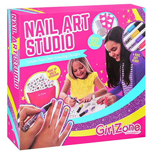 GirlZone Nail Art Studio Set, Nail Art Stickers, 3 Nail Salon Pens and Makeup Bag, Great Birthday Gift for Girls