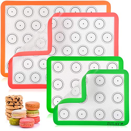 Zulay (Set of 4) Silicone Baking Mat - Macaron Silicone Baking Mats With Pre-printed Template Design - Non Stick & Reusable Silicone Baking Sheet - 2 Half Size + 2 Quarter Size (Assorted)